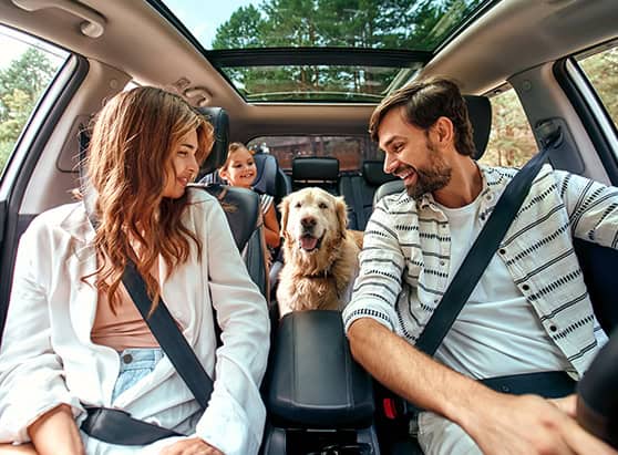 A family of three smiling and looking at their panting dog inside their car