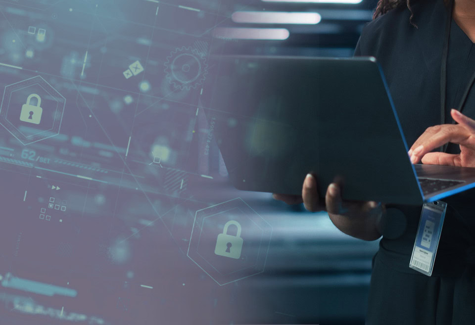 cyber security fraud prevention woman holding laptop header mobile
