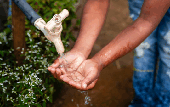 Boy holding water under faucet